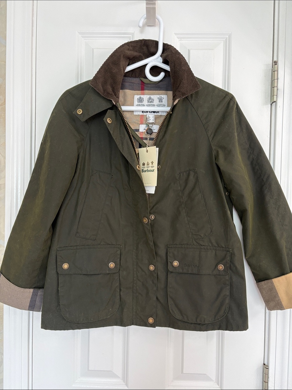 Barbour Dark Olive Waxed Cotton Annas Field Jacket with Corduroy Collar